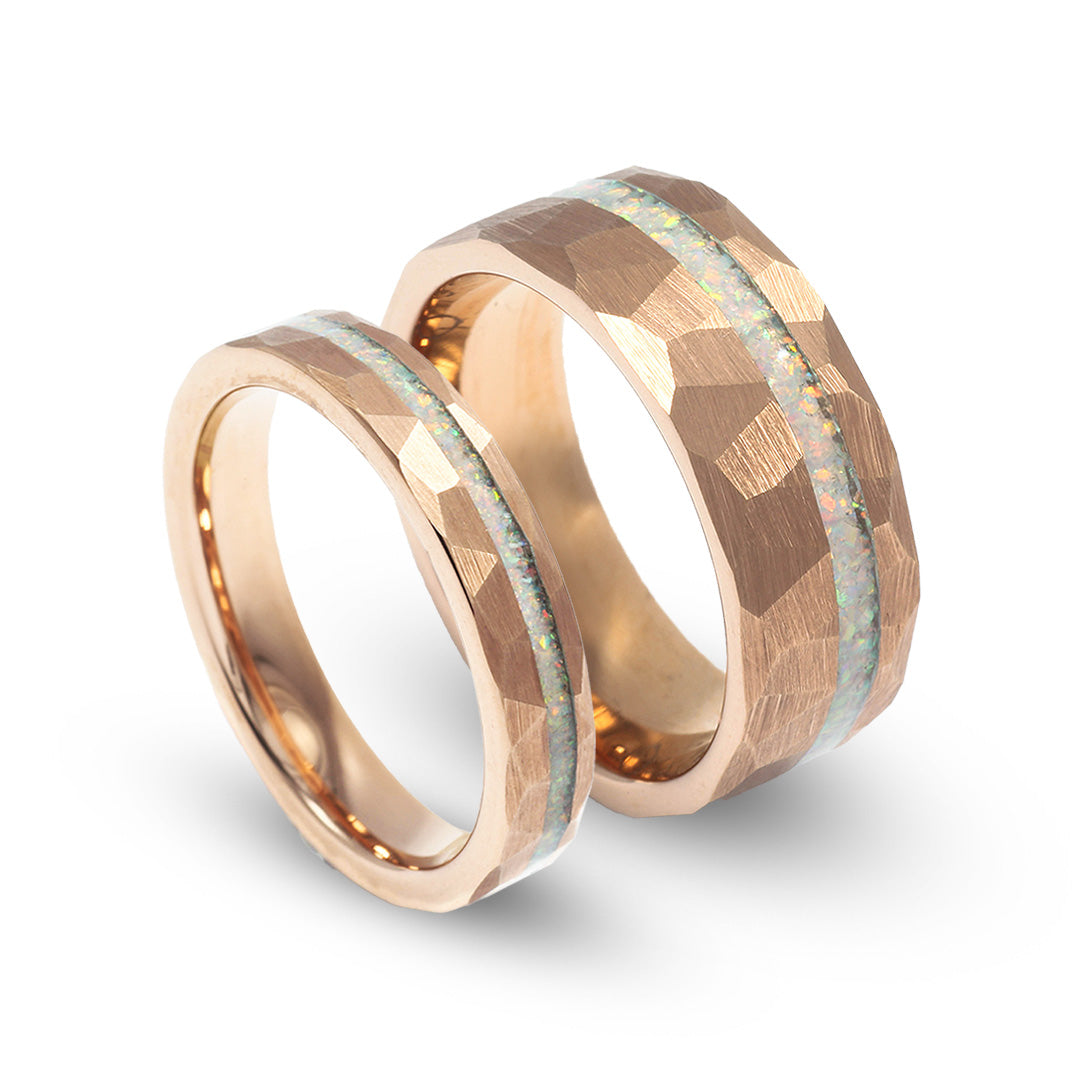 White opal matching wedding band set with rose gold hammered tungsten