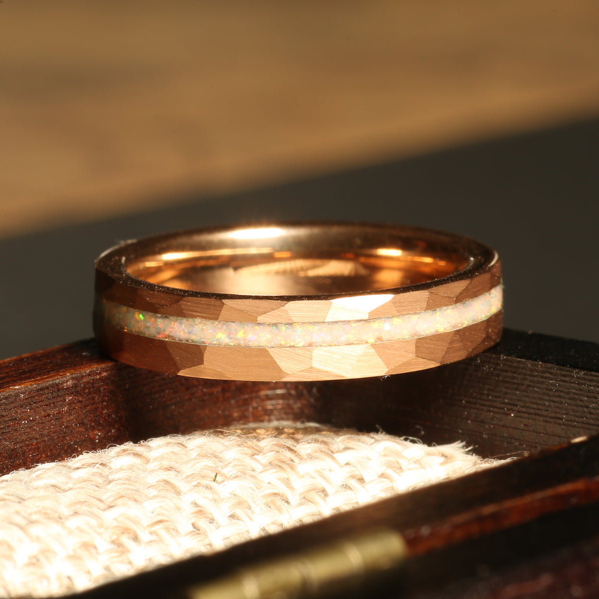 White opal ring for women with rose gold tungsten