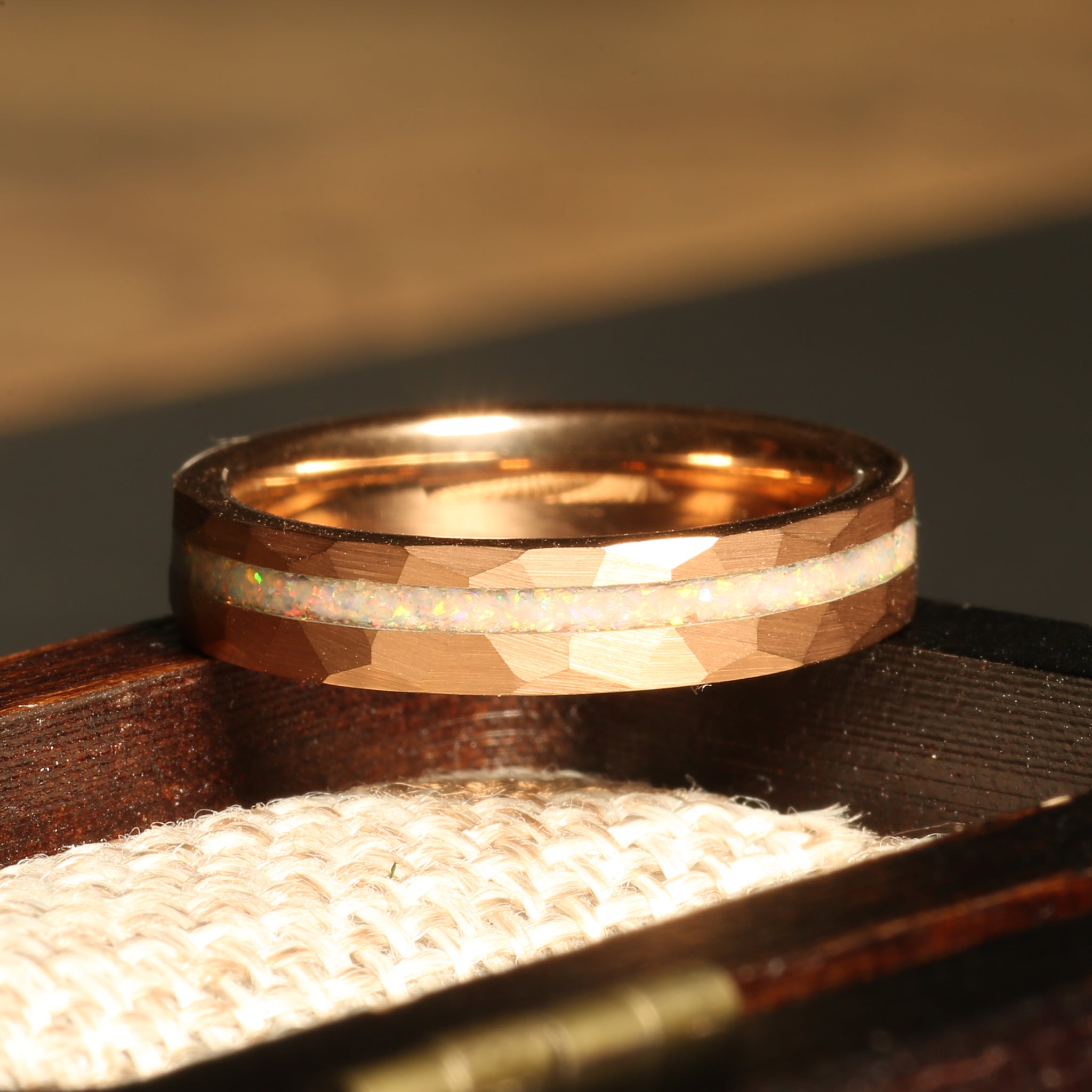White Opal Ring for Women | 4mm Hammered Rose Gold Tungsten Band