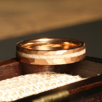 White Opal Ring for Women | 4mm Hammered Rose Gold Tungsten Band 2