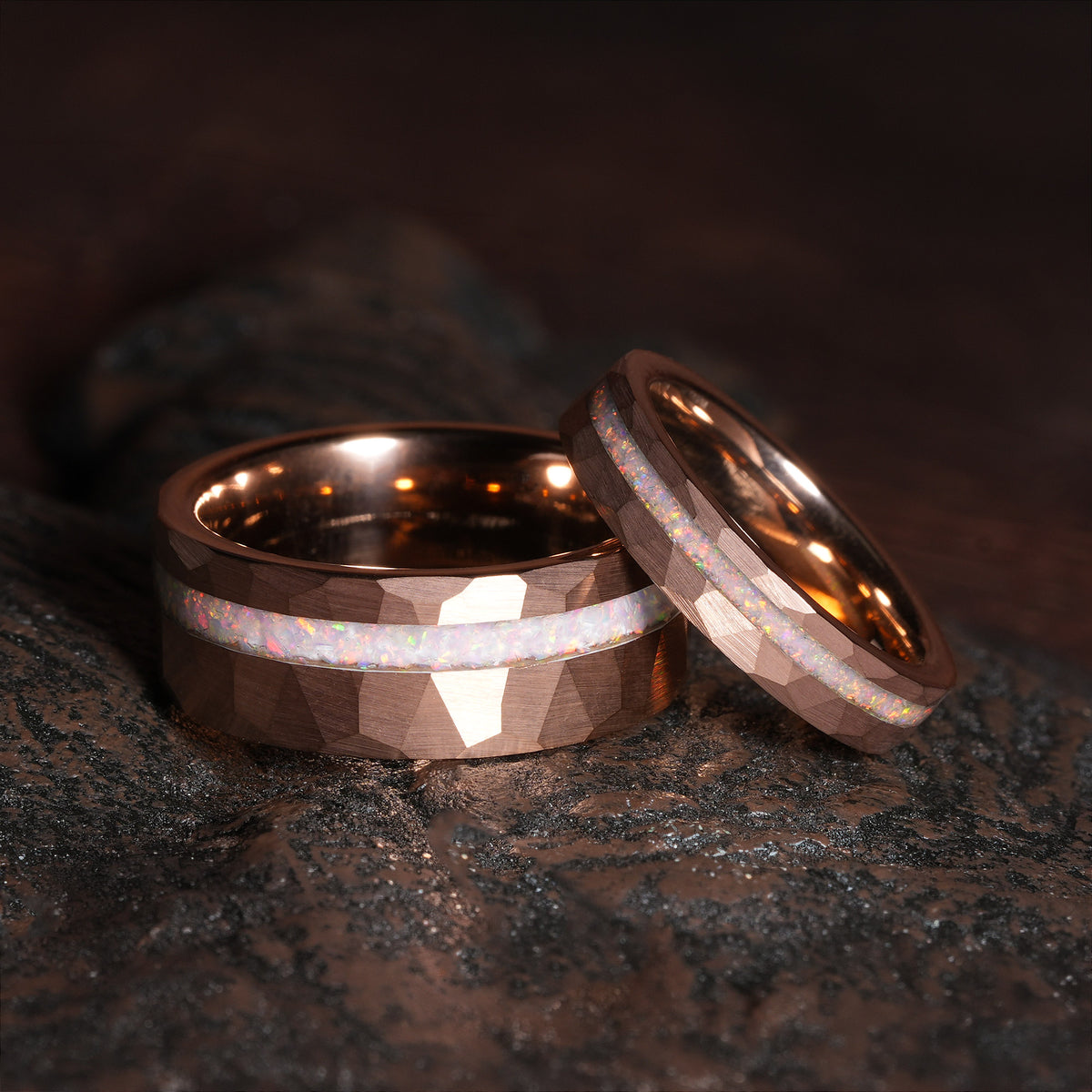 White Opal Matching Wedding Band Set | 8mm & 4mm His and Hers Rose Gold Tungsten Rings
