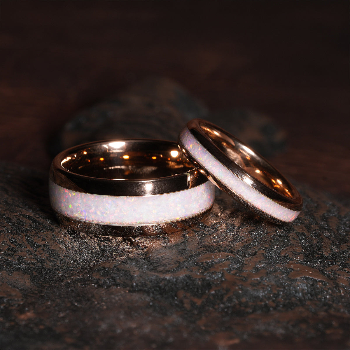His and Hers White Opal Matching Wedding Band Set | 8mm & 4mm Domed Rose Gold Tungsten Rings
