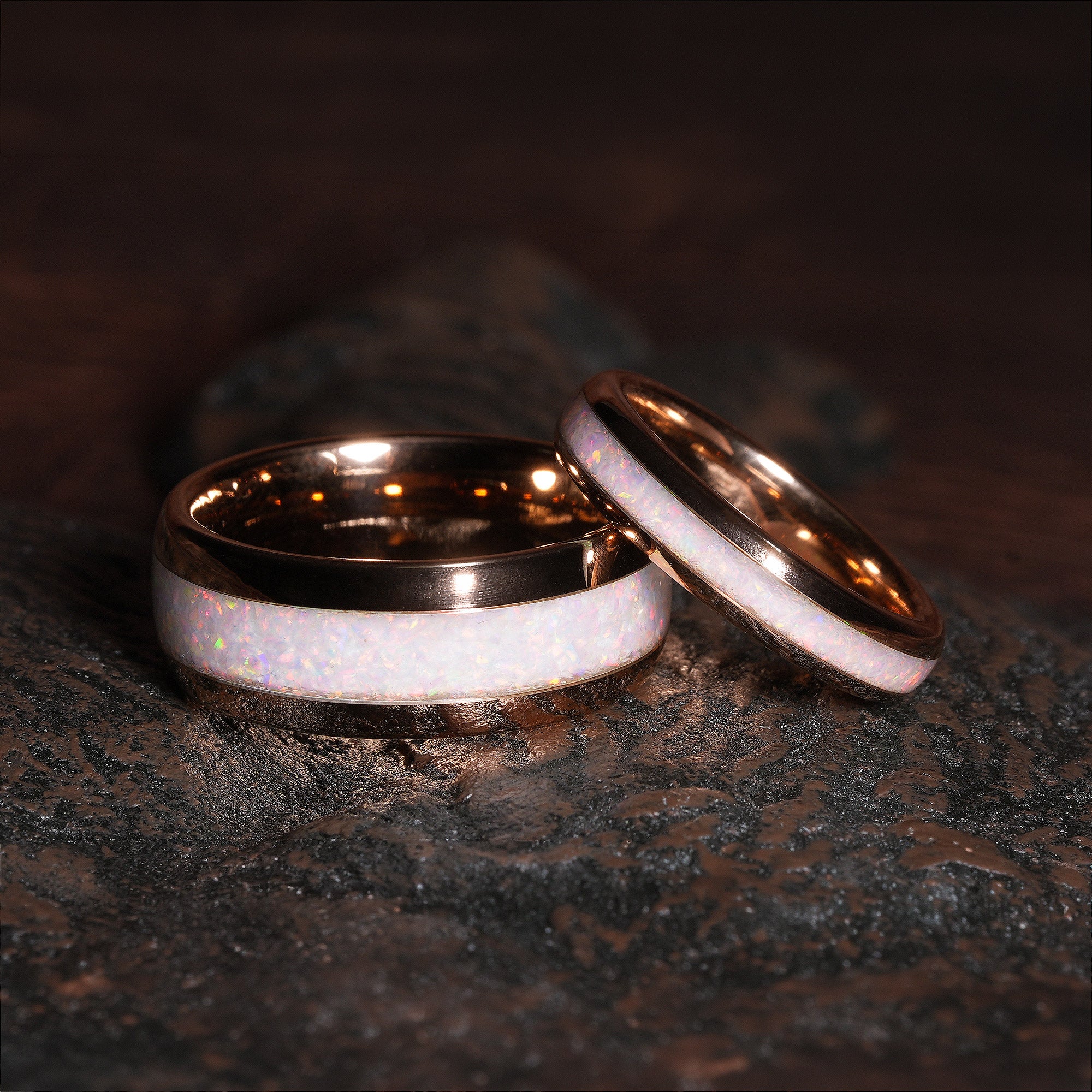 His and Hers White Opal Matching Wedding Band Set | 8mm & 4mm Domed Rose Gold Tungsten Rings