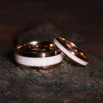His and Hers White Opal Matching Wedding Band Set | 8mm & 4mm Domed Rose Gold Tungsten Rings 1