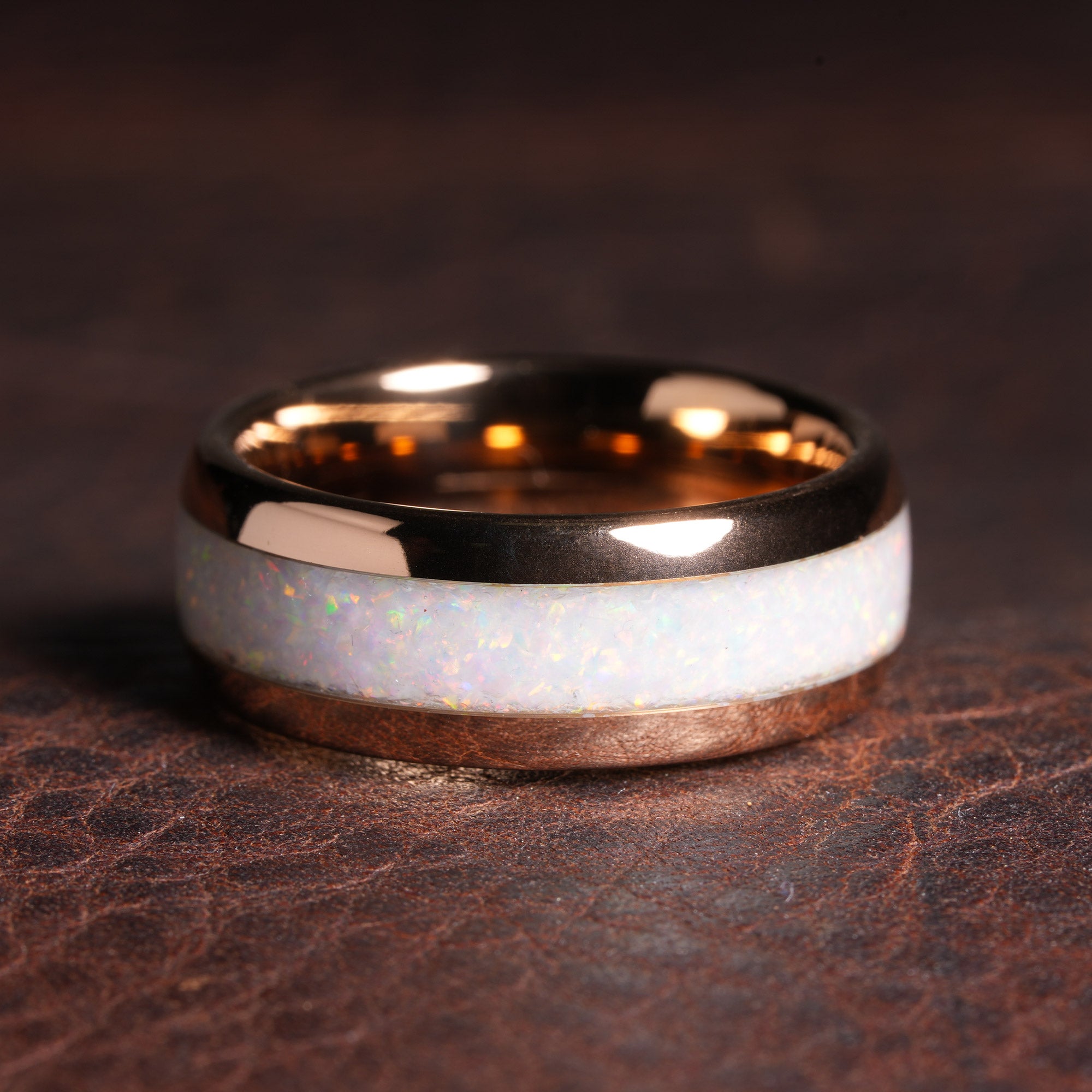 White Opal Wedding Band for Men | 8mm Rose Gold Tungsten Ring Comfort Fit