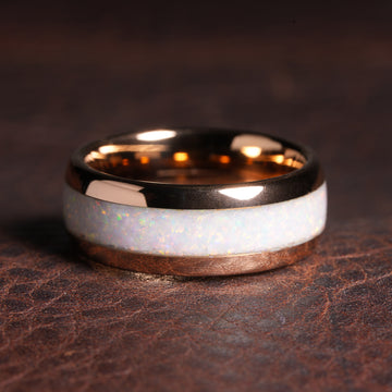 White Opal Wedding Band for Men | 8mm Rose Gold Tungsten Ring Comfort Fit 1