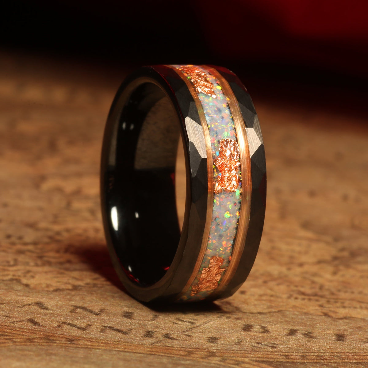 White opal wedding ring for men with rose gold leaf detail