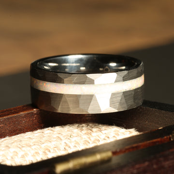 White Opal Wedding Band for Men | 8mm Hammered Silver Tungsten Ring 2