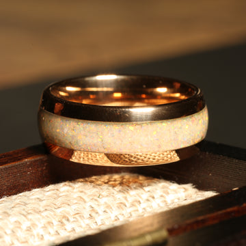 White Opal Wedding Band for Men | 8mm Rose Gold Tungsten Ring 2