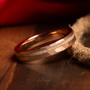 White Opal Matching Wedding Band Set | His and Hers Rose Gold Tungsten Rings 7