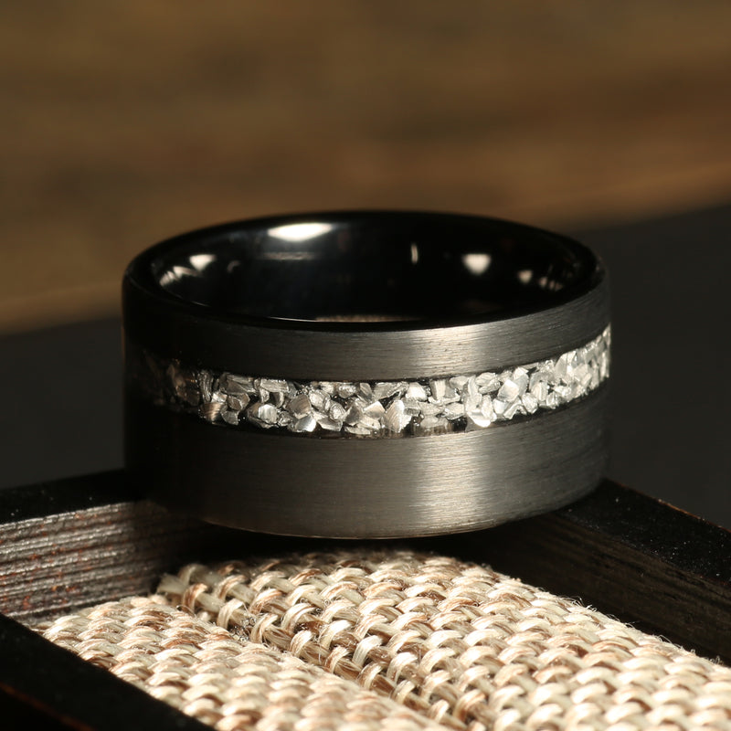 Wide meteorite ring for men with dark brushed finish