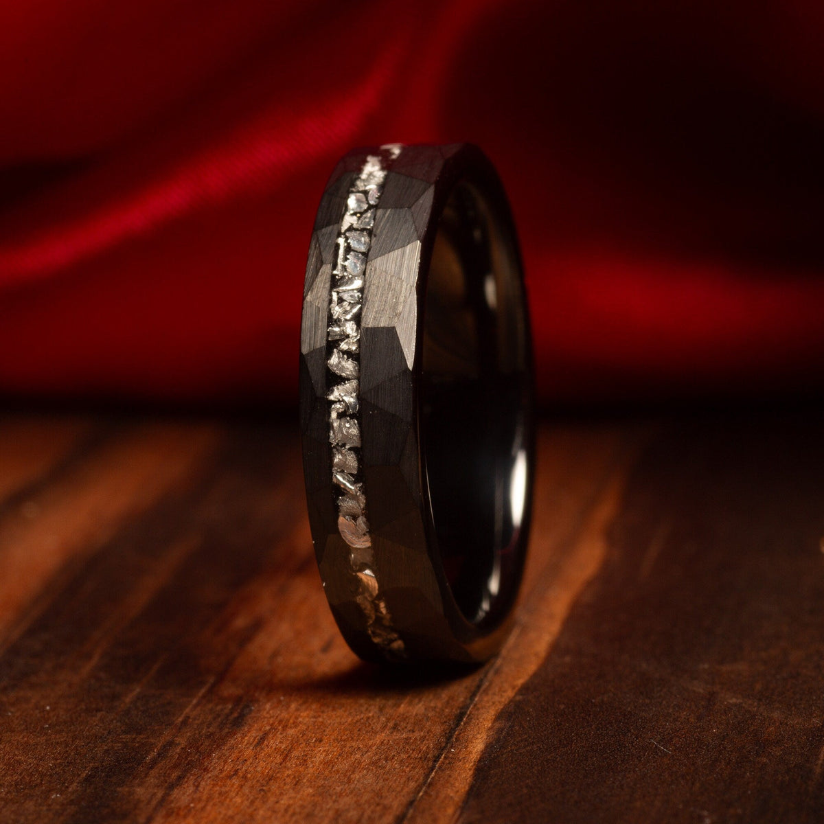 Women’s 4mm black hammered meteorite ring with comfort fit