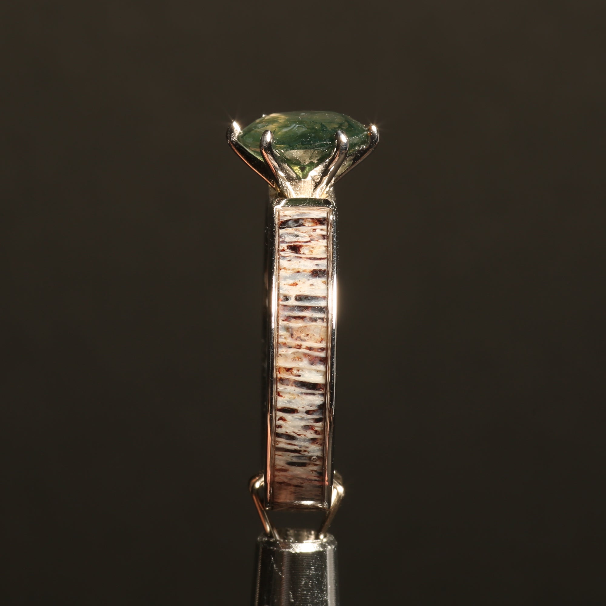 Moss Agate Deer Antler Ring for Women | 4mm Sterling Silver Band