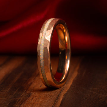 White Opal Ring for Women | 4mm Hammered Rose Gold Tungsten Band 4