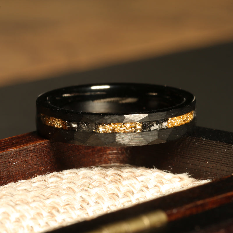 Women’s black tungsten ring with meteorite and gold leaf