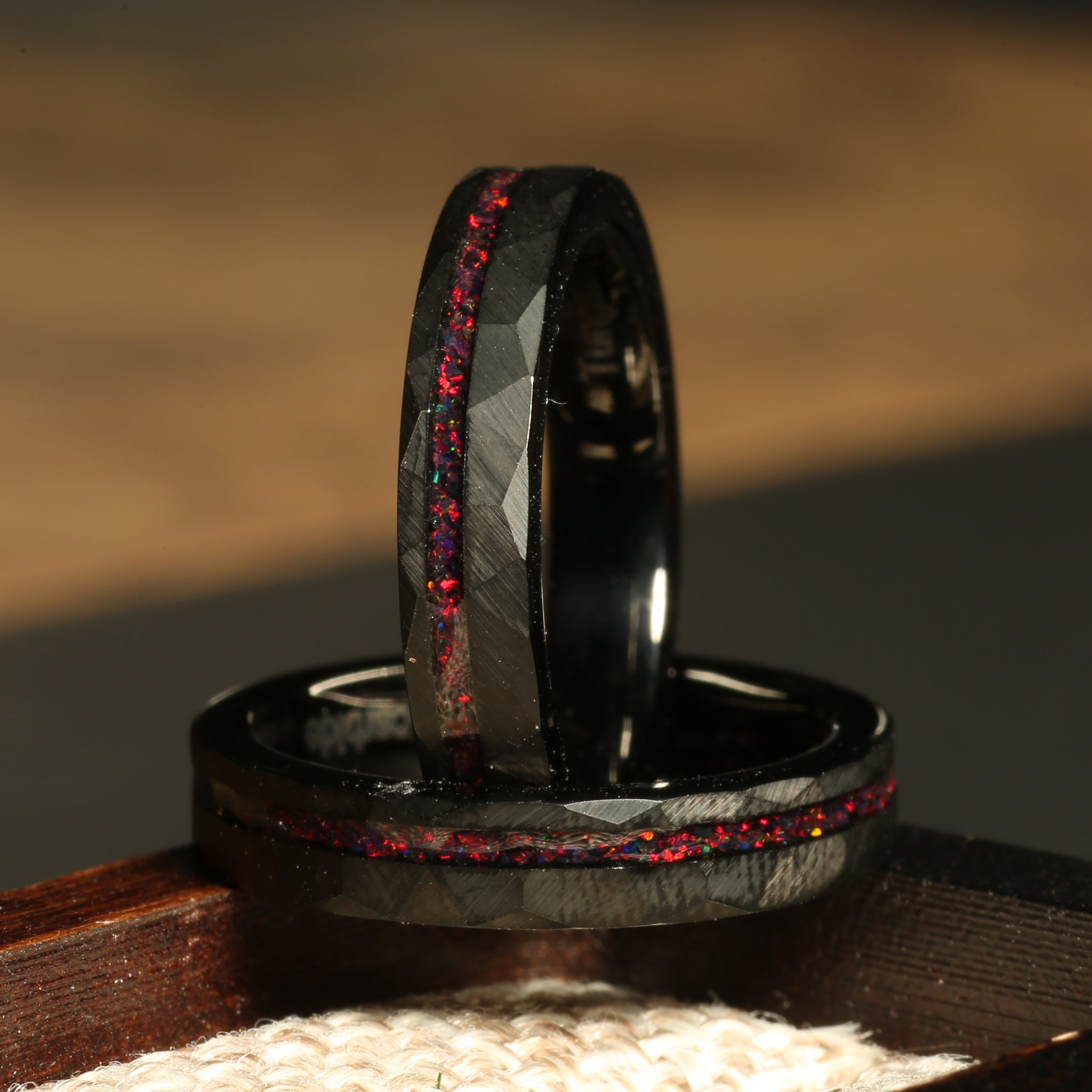 Black Fire Opal Ring for Women | 4mm Hammered Tungsten Band