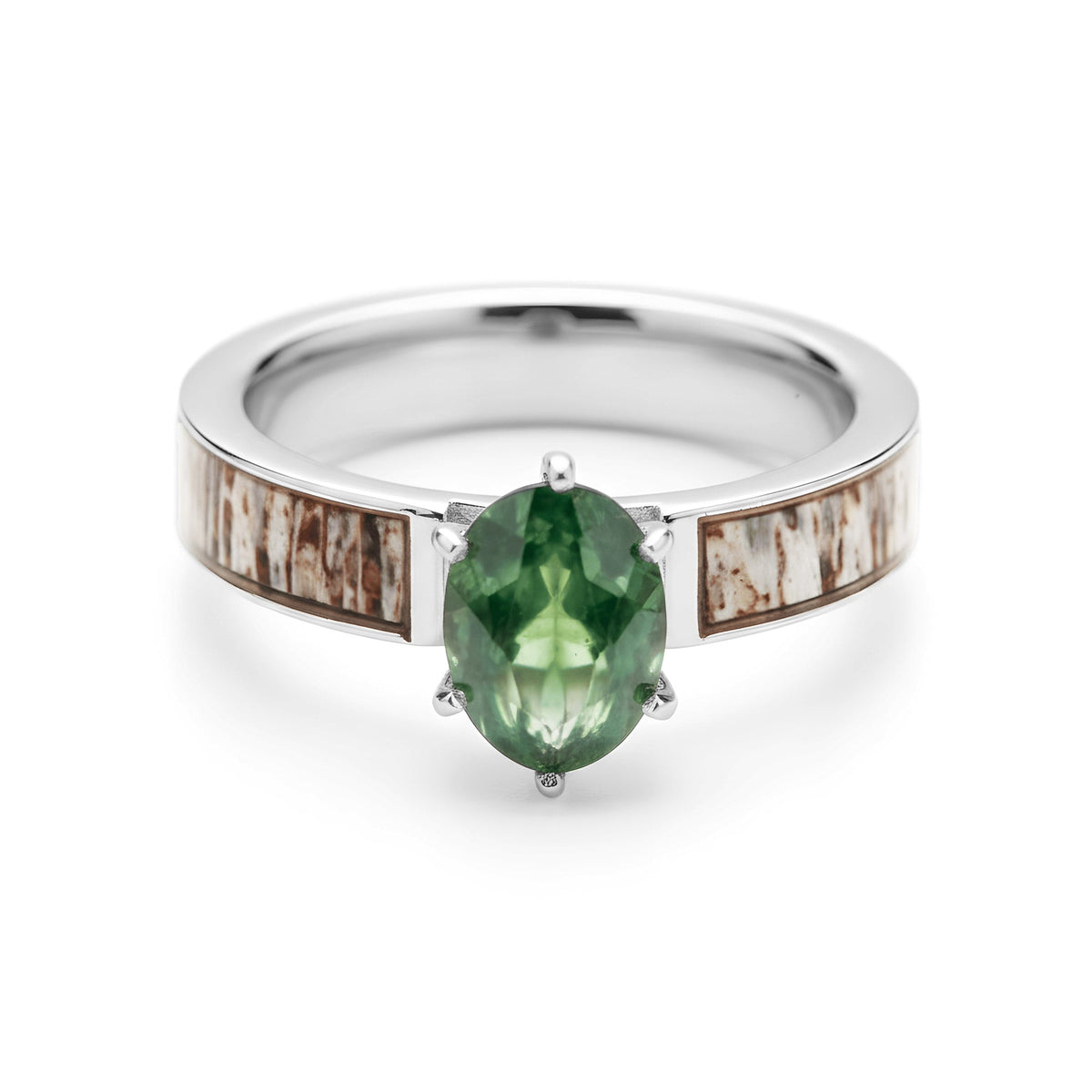 Women’s moss agate deer antler ring with sterling silver