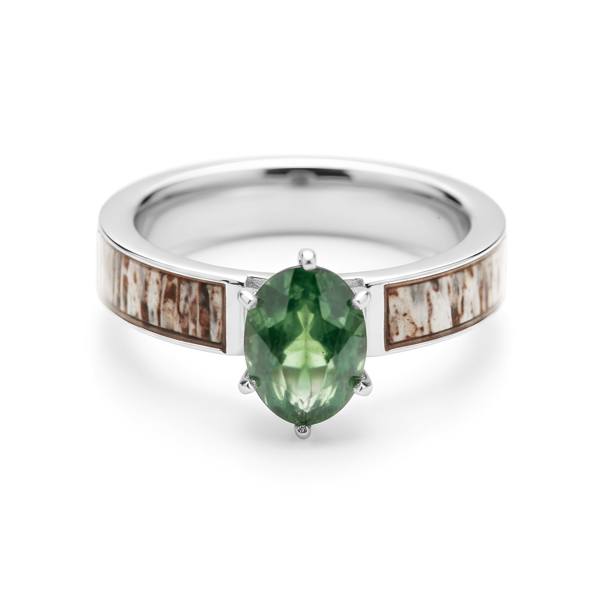 Moss Agate Deer Antler Ring for Women | 4mm Sterling Silver Band