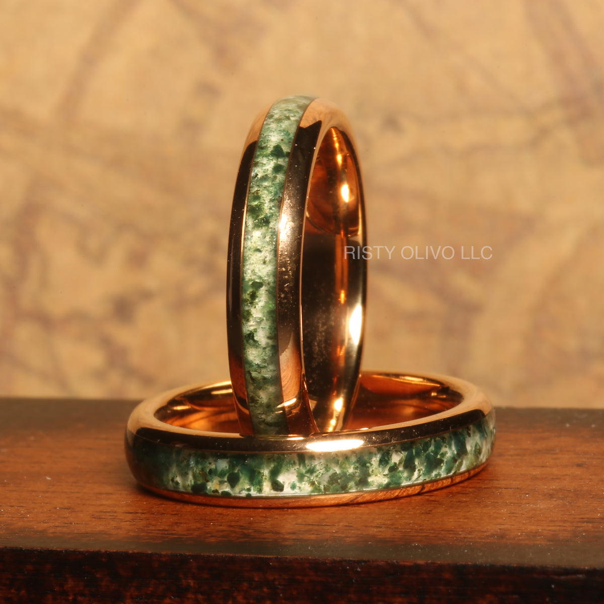 Women’s moss agate wedding band with rose gold tungsten