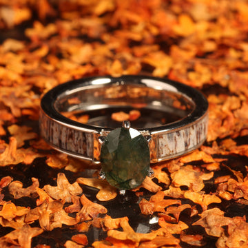 Moss Agate Deer Antler Ring for Women | 4mm Sterling Silver Band 7