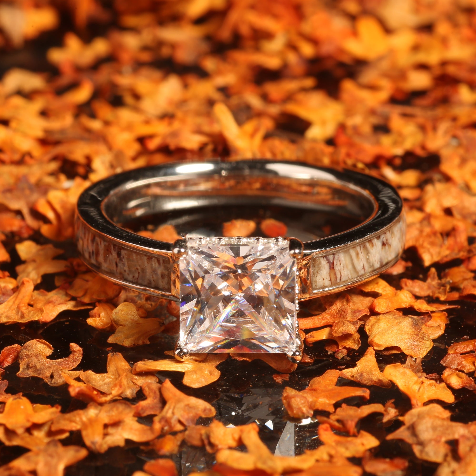 Deer Antler Princess Cut Ring for Women | 4mm Sterling Silver Band