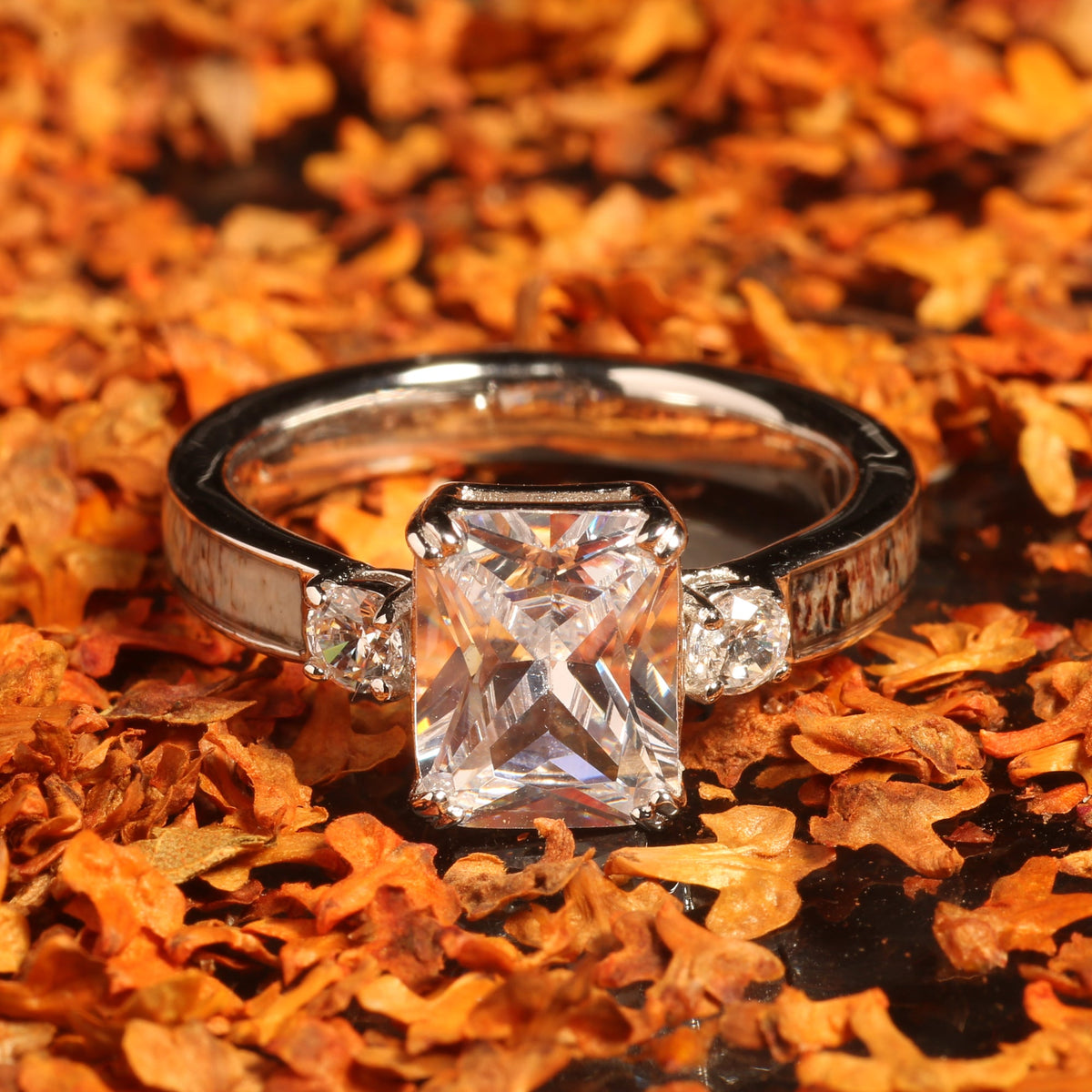 Women’s nature inspired radiant cut ring with deer antler