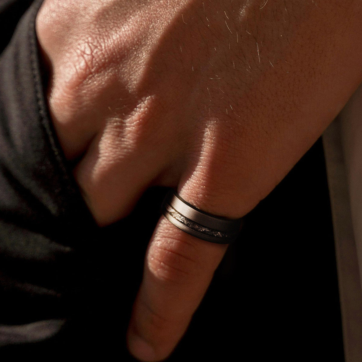 Women’s rare meteorite black obsidian ring with modern matte texture