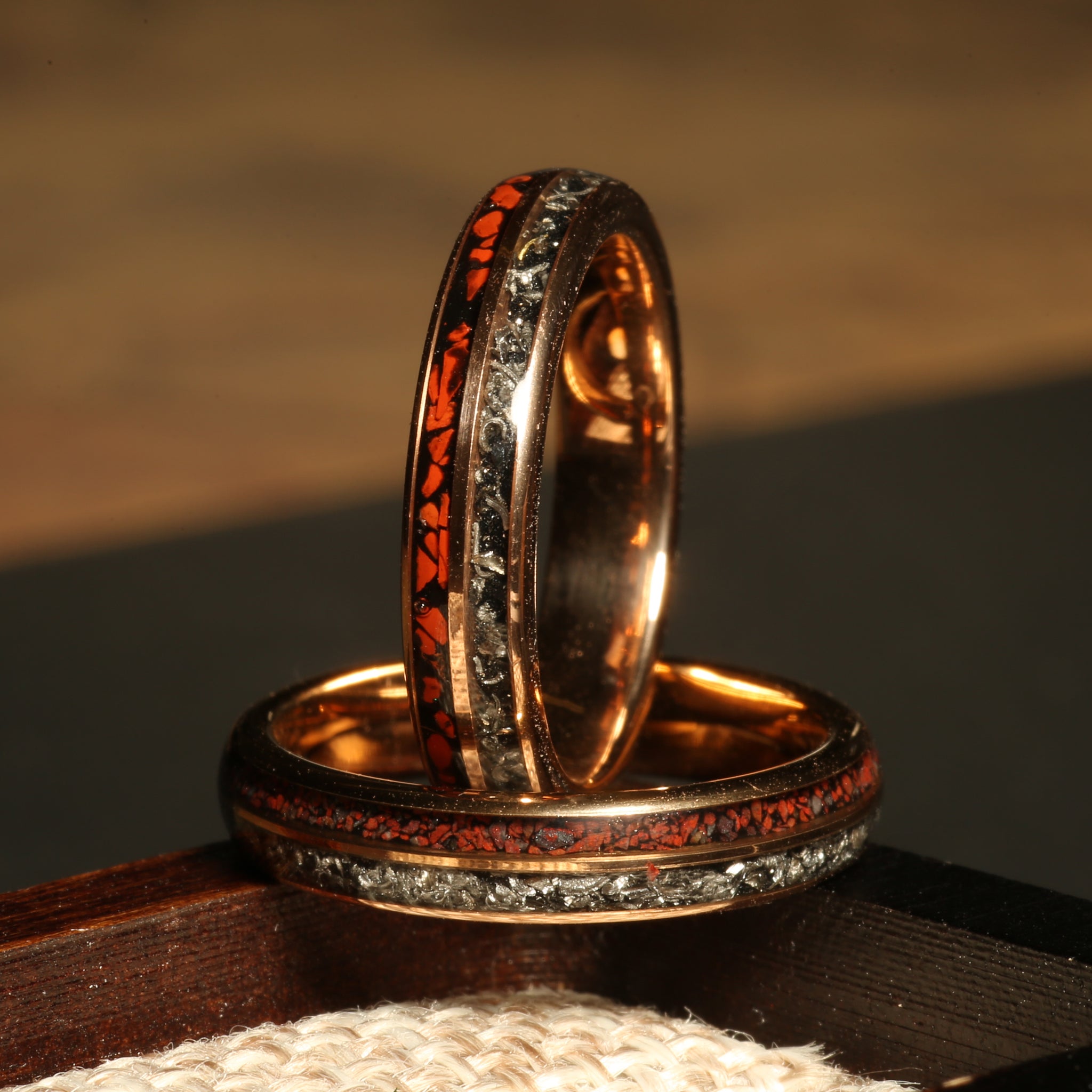 Rose Gold Meteorite Dinosaur Bone Ring for Women | 4mm Tungsten Band