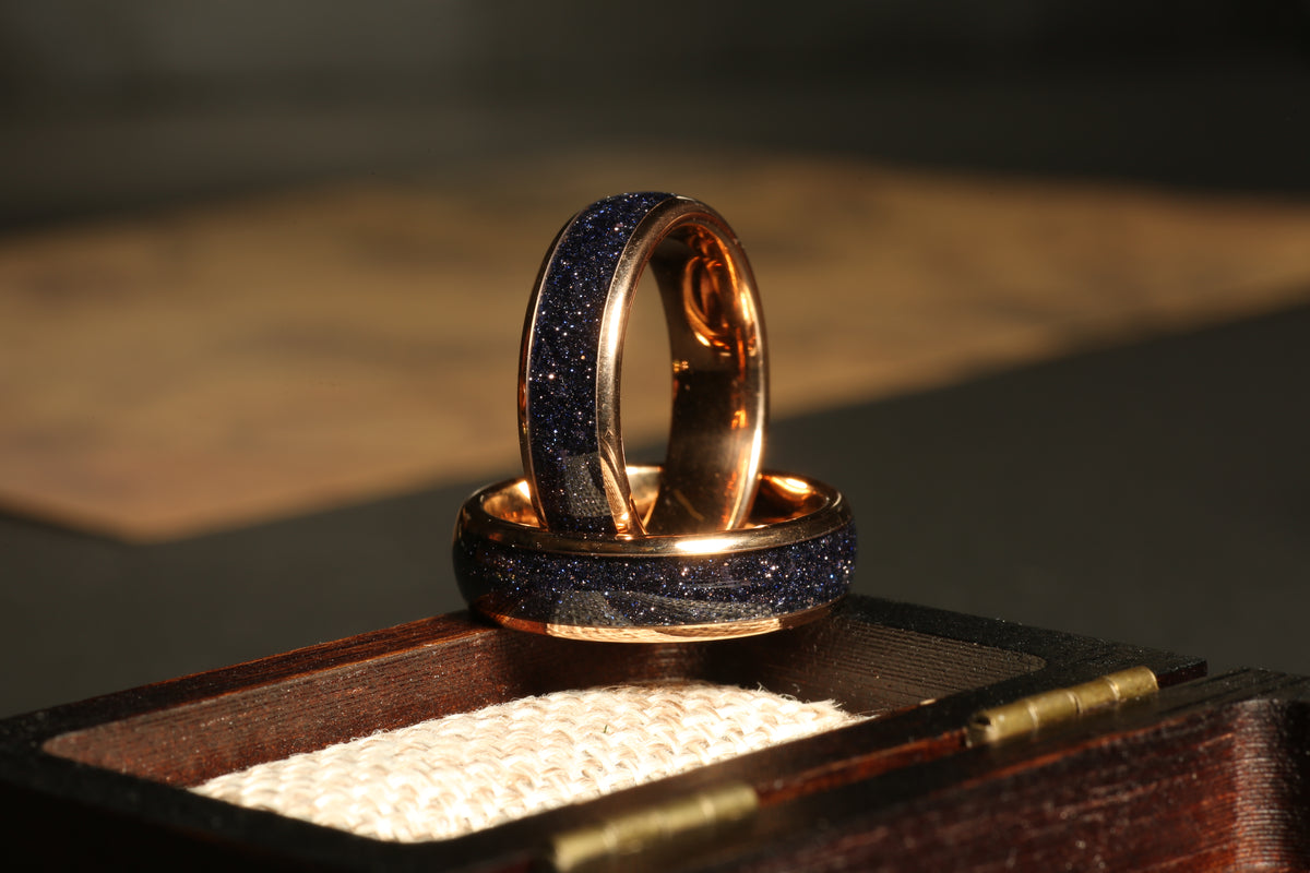 Women’s rose gold tungsten ring with blue sandstone inlay
