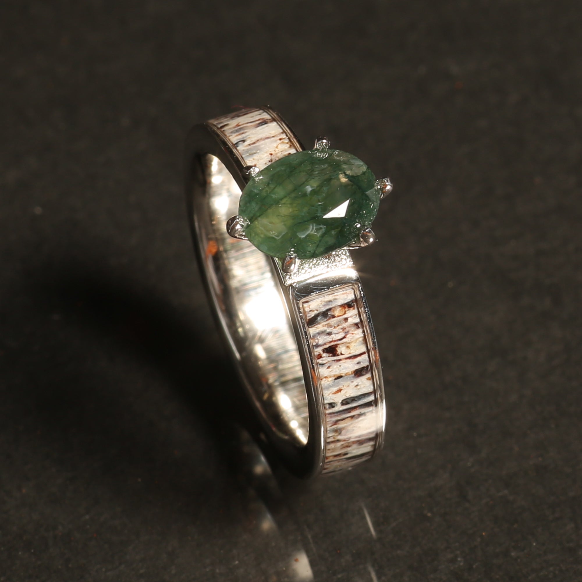 Moss Agate Deer Antler Ring for Women | 4mm Sterling Silver Band