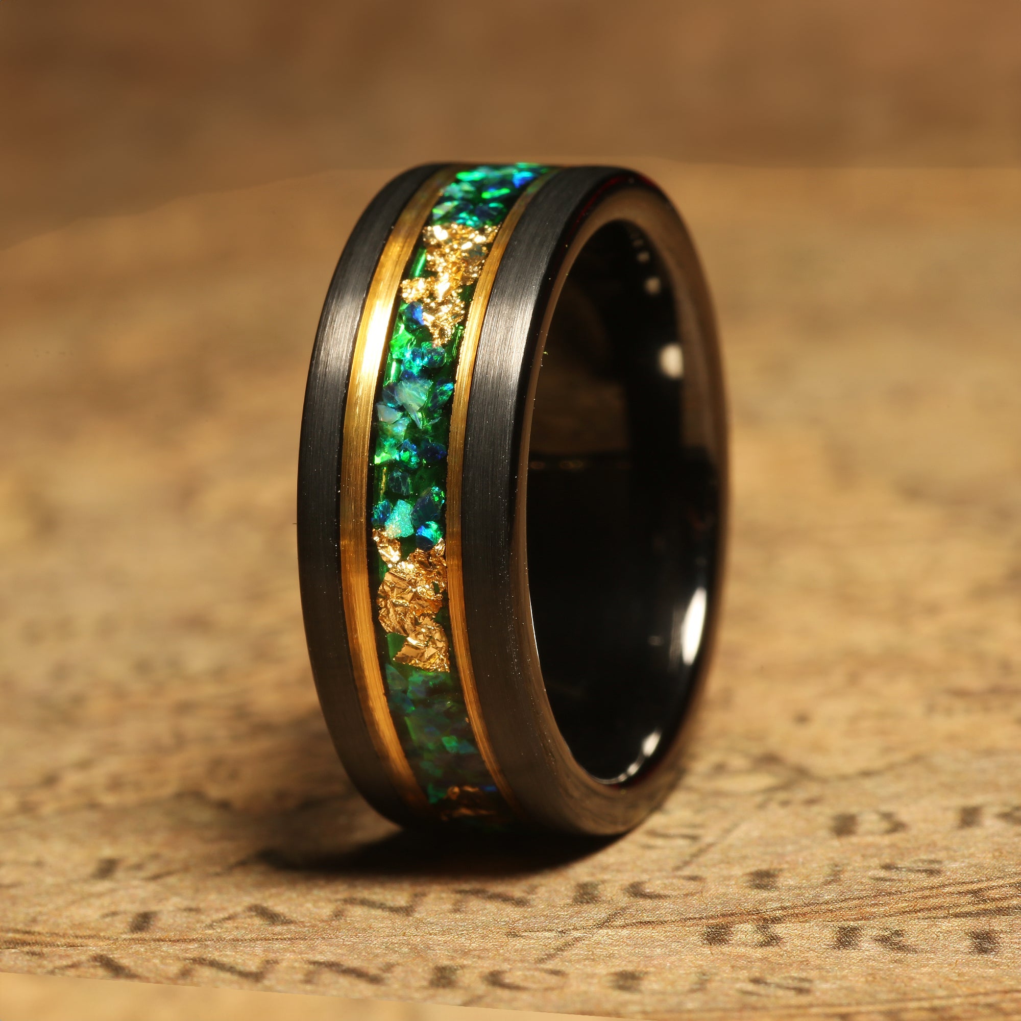 Green Garnet Meteorite Wedding Band for Men | 8mm Yellow Gold Tungsten Ring