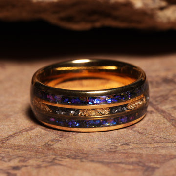 Meteorite Gold Leaf Blue Sandstone Wedding Band for Men | 8mm Yellow Gold Tungsten Ring 2