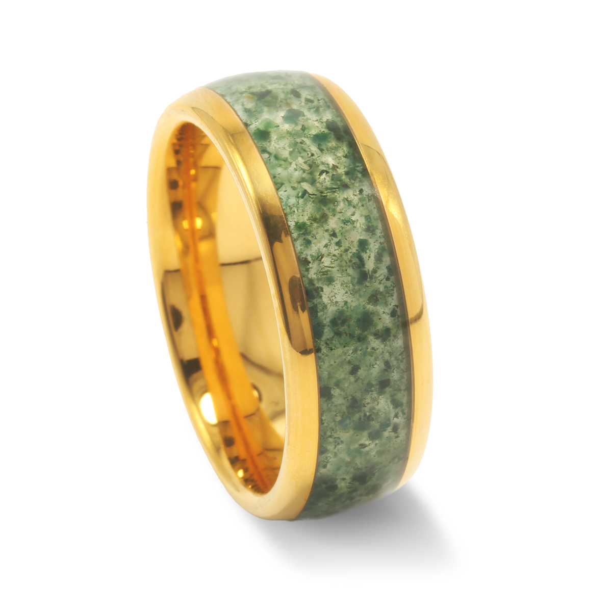 Yellow gold moss agate wedding band set with domed finish